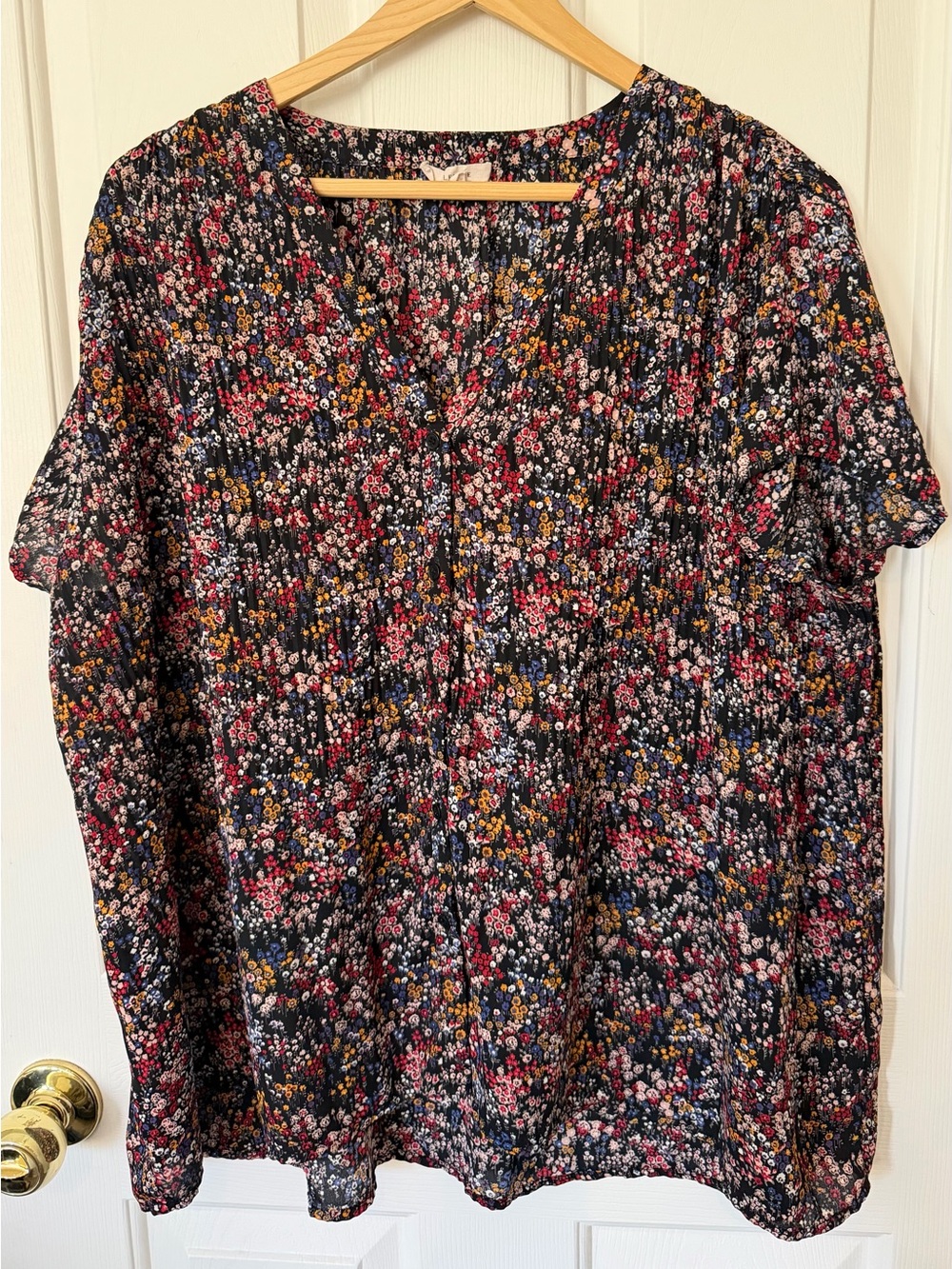 Pleione Black Floral V-Neck Blouse with Pink and Mustard Accents